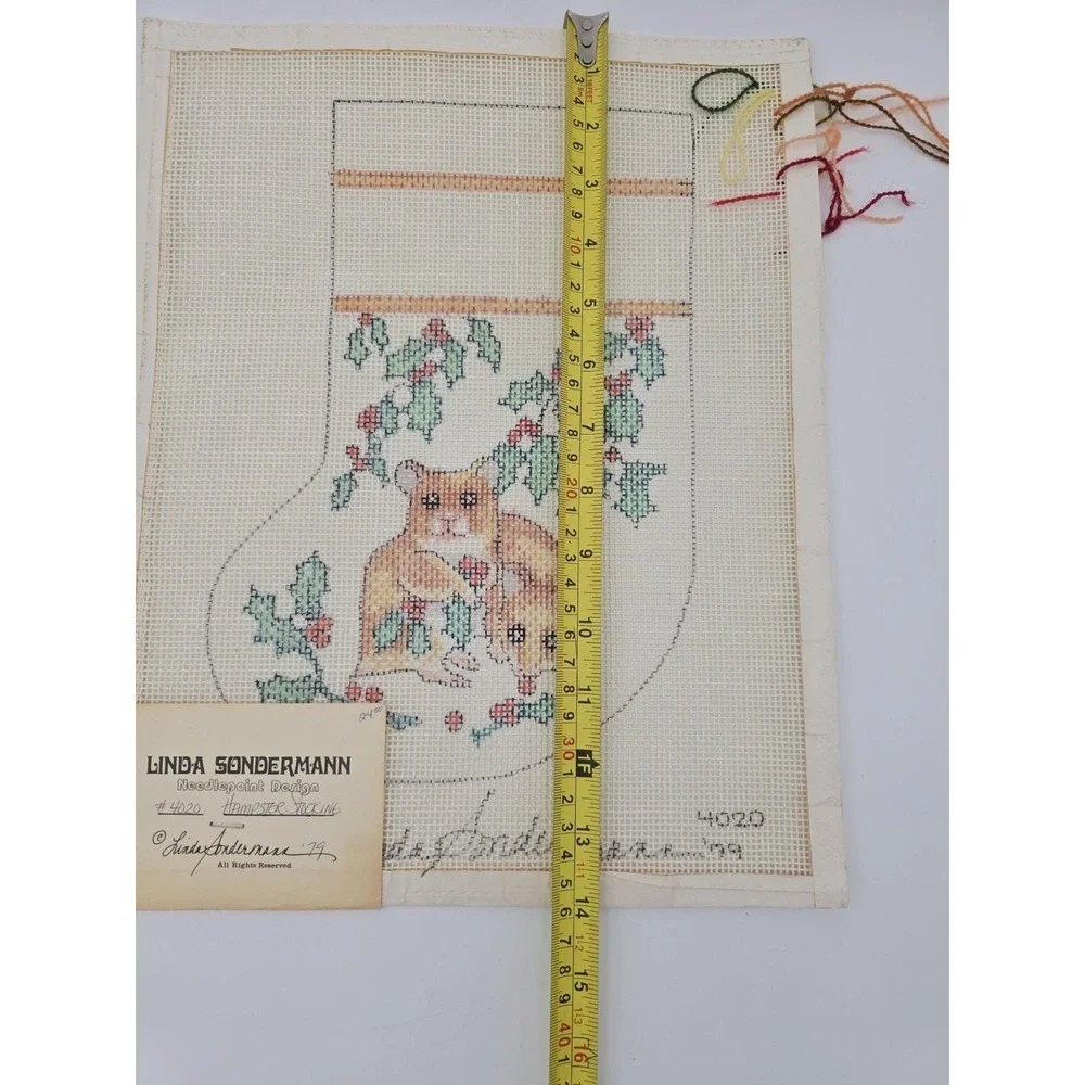 Vtg Linda Sondermann Handpainted‎ Needlepoint Canvas Christmas Stocking Hampster